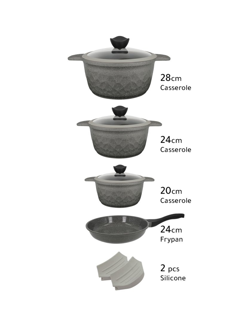 Cookware Set, 9-Pieces Cast Aluminum with Granite Coating  Non-Stick Pot and Pan Set with Tempered Glass Lids and Silicone Grips, Even Heat Distribution - Grey - Image 2